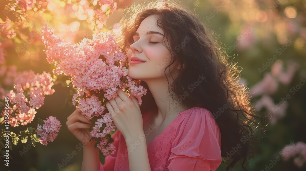 Fototapeta premium Lilac Dreams: A woman with flowing dark hair, closes her eyes and inhales the intoxicating fragrance of a vibrant lilac blossom in the warm glow of the setting sun.