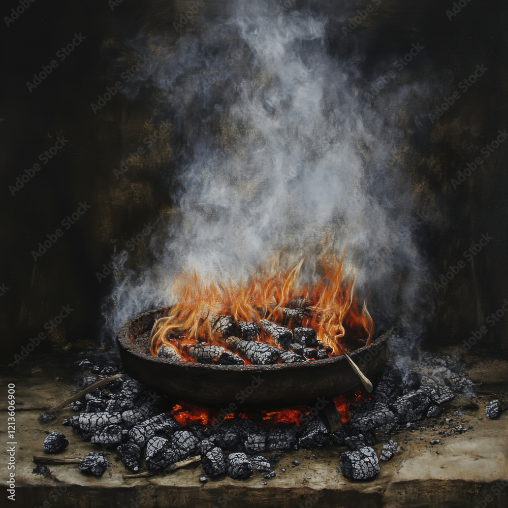 A cozy outdoor barbecue with flames, smoke, and a sizzling pan A cozy outdoor barbecue with flames, smoke, and a sizzling pan