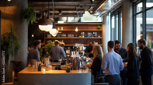 A group of people are gathered around a bar, enjoying drinks and conversation