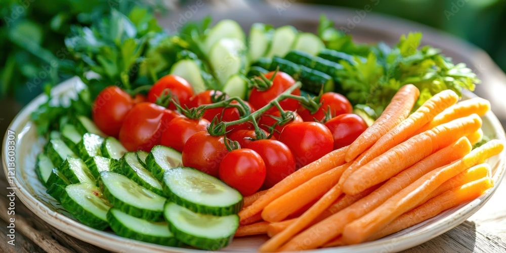 Plate of vegetables including carrots, cucumbers, and tomatoes Plate of vegetables including carrots, cucumbers, and tomatoes