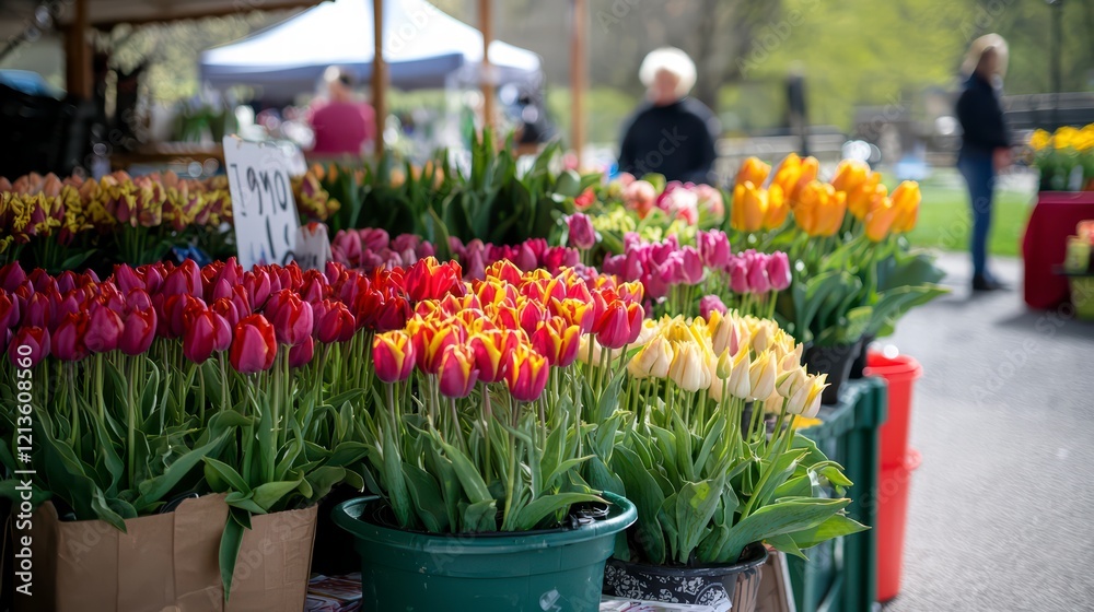 Fototapeta premium Vibrant Tulip Display at Farmers Market: A colorful array of tulips in various shades of red, yellow, orange, and pink are beautifully displayed at a bustling farmers market.
