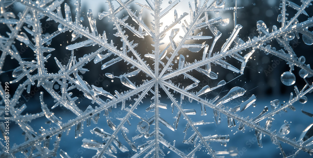 Ice crystals create sparkling patterns on a frosty windowpane