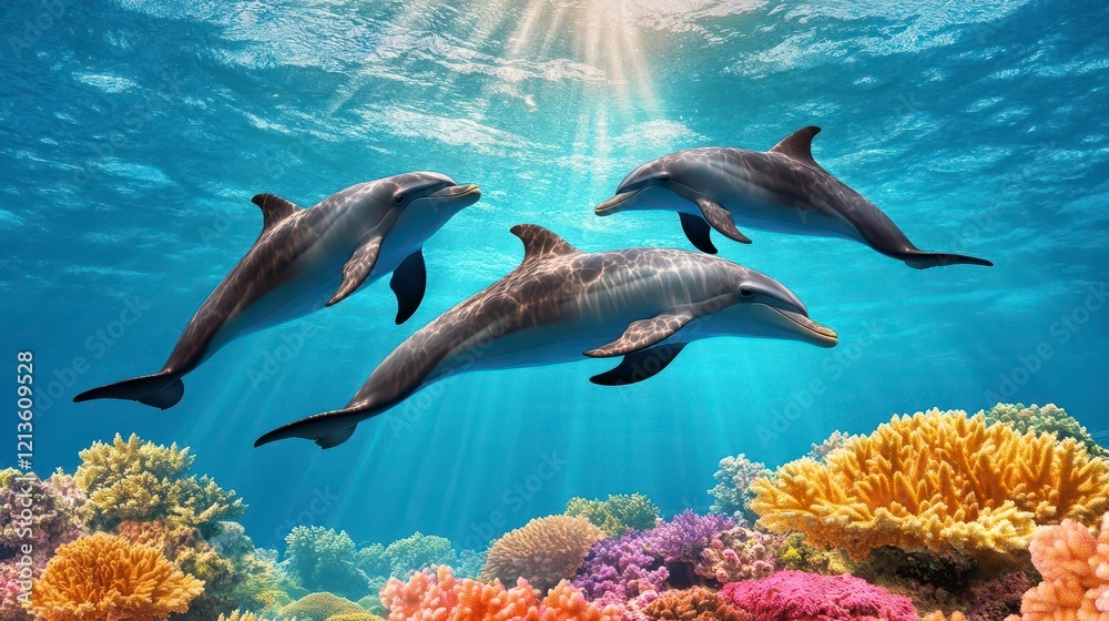 Obraz premium Playful Dolphins Swimming in Vibrant Coral Reef Underwater Scene