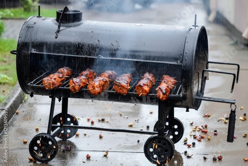 A black smoker grill is cooking skewered meat, emitting smoke, with a rainy backdrop and scattered debris around.