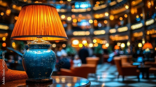 Abstract blurred interior of a condominium lobby reception with bokeh light from lamps, creating a beautiful background ideal for presentation or banner design purposes.