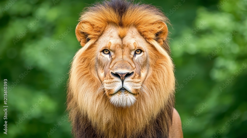 Majestic Lion with Beautiful Mane Against Green Natural Background Majestic Lion with Beautiful Mane Against Green Natural Background