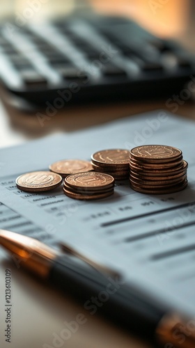 Coins stacked on financial documents with pen and calculator.