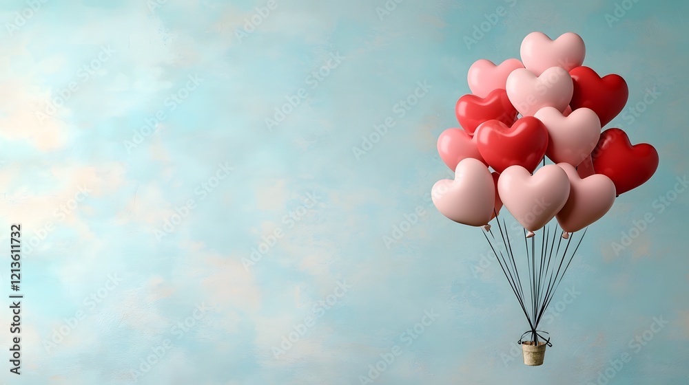 Obraz premium Stunning red and pink heart shaped balloons floating effortlessly against a gentle cloud like background with empty space perfect for love themed cards banners or marketing designs
