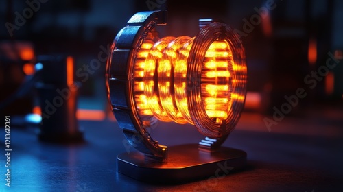 simple magnetic circuit with a core and coils, glowing to illustrate magnetic flux. photo