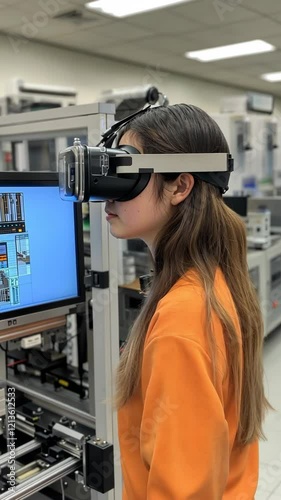Student uses virtual reality headset in advanced technology lab during a training session
