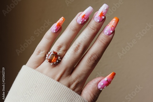 Hand showcasing ombre nails with star designs and a ring photo