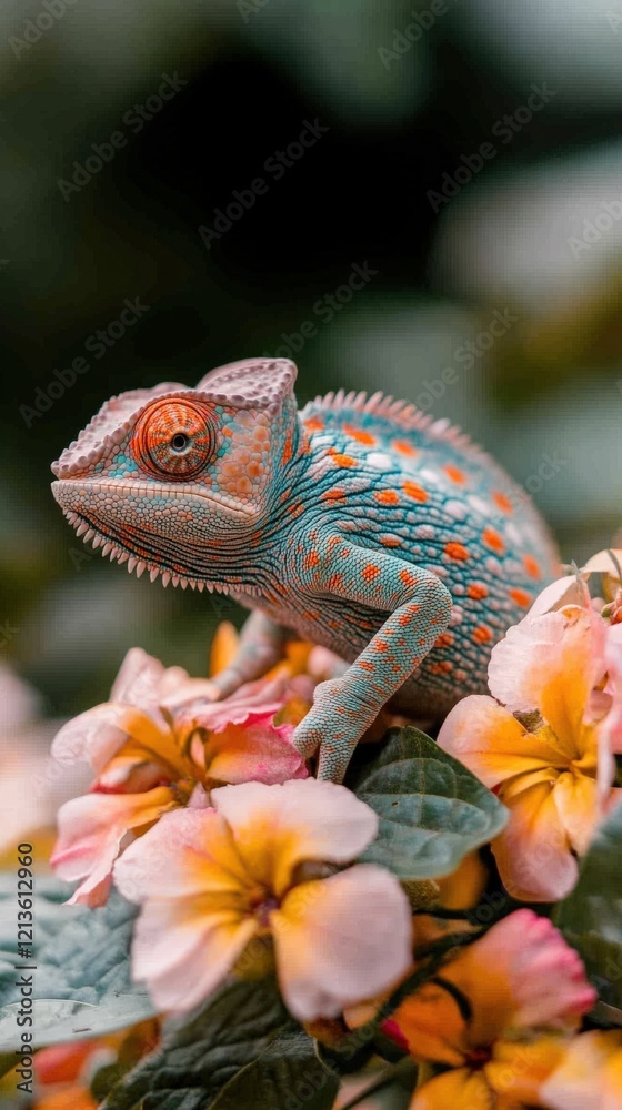 Obraz premium Colorful Chameleon Resting on Vibrant Flowers in a Lush Garden, Showcasing Nature's Beauty and Intricacies of Reptilian Adaptation