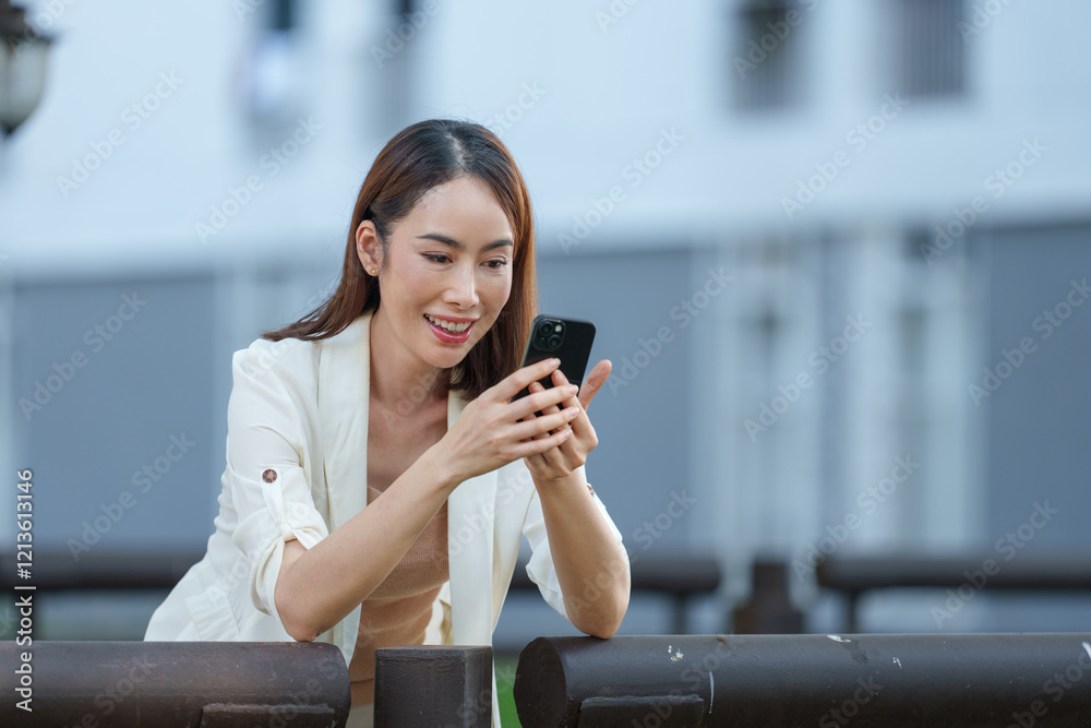 Obraz premium Asian businesswoman wearing a blazer is leaning on a railing and using her smartphone outdoors in an urban setting, smiling at what she's reading on the screen