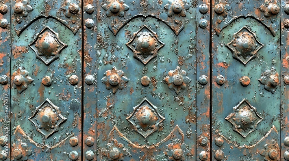 Ornate Metal Door With Aged Teal And Copper Patina Ornate Metal Door With Aged Teal And Copper Patina