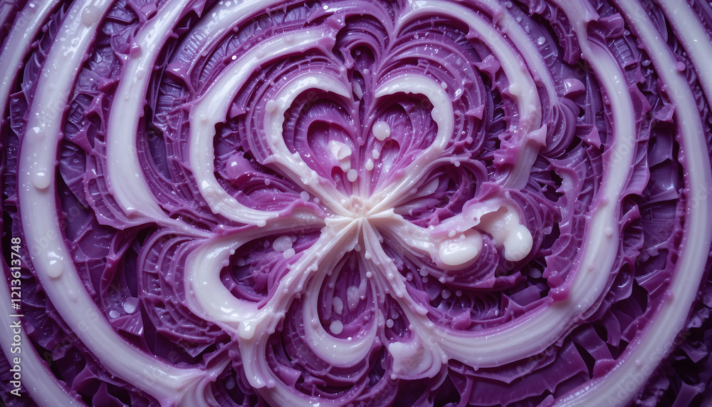 Fototapeta premium Close-up of red cabbage layers with dew drops enhancing freshness