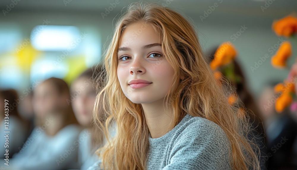 Obraz premium Blond girl attending event, blurred audience in background