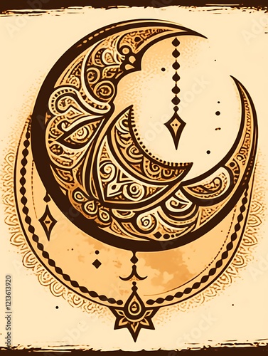 Ornate crescent moon with hanging ornaments.