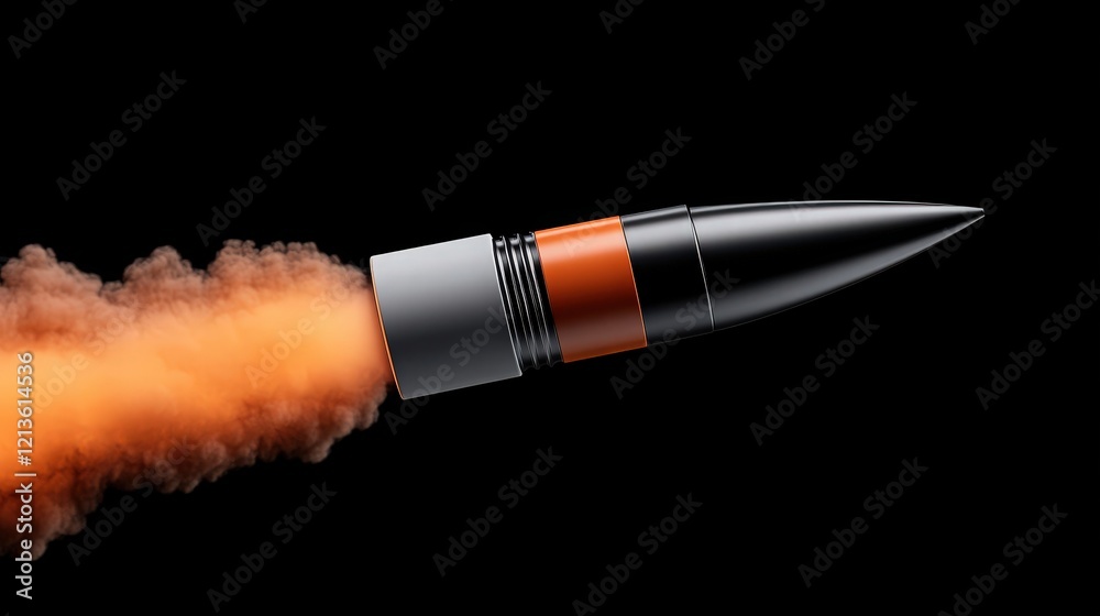 Missile Launch: A close-up shot of a missile launching against a black background, with fiery orange smoke trailing behind. The image is dramatic and high-impact. Missile Launch: A close-up shot of a missile launching against a black background, with fiery orange smoke trailing behind. The image is dramatic and high-impact.