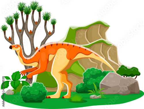 Probactosaurus prehistoric dinosaur cartoon character. Isolated vector herbivore reptile animal in natural landscape with plants, tree and rock. Early Cretaceous era lizard of Hadrosauroidea family