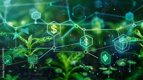 Illustration of An abstract representation of a financial network, with streams of digital money and carbon credits flowing through interconnected nodes, symbolizing sustainable wealth. Ai Generate.