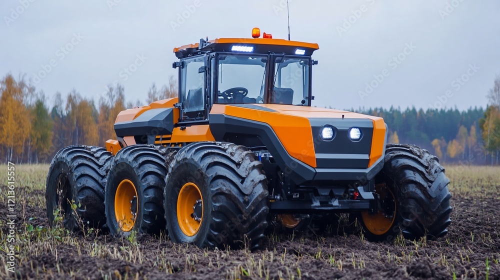 Orange six-wheel drive tractor on field, autumn Orange six-wheel drive tractor on field, autumn