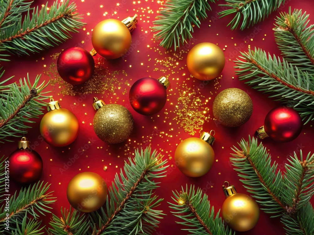 A crimson canvas showcases shimmering gold and red Christmas ornaments, accented by fragrant pine. A crimson canvas showcases shimmering gold and red Christmas ornaments, accented by fragrant pine.