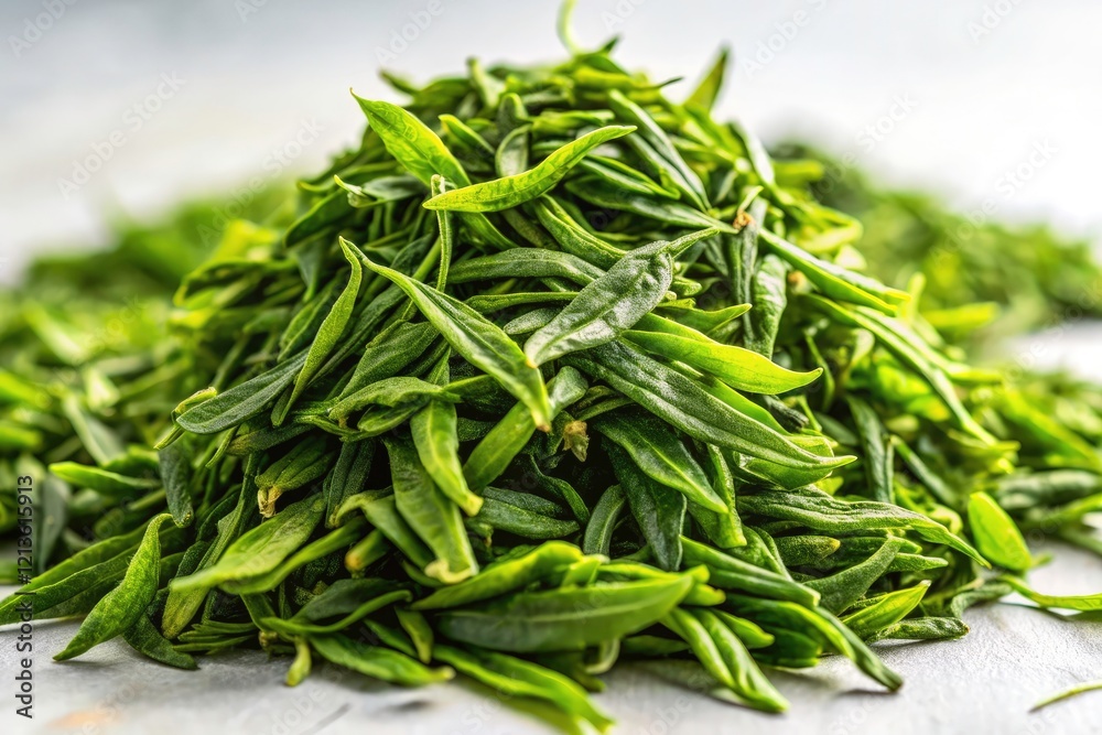 A documentary close-up explores the beauty and texture of individual green tea leaves. A documentary close-up explores the beauty and texture of individual green tea leaves.