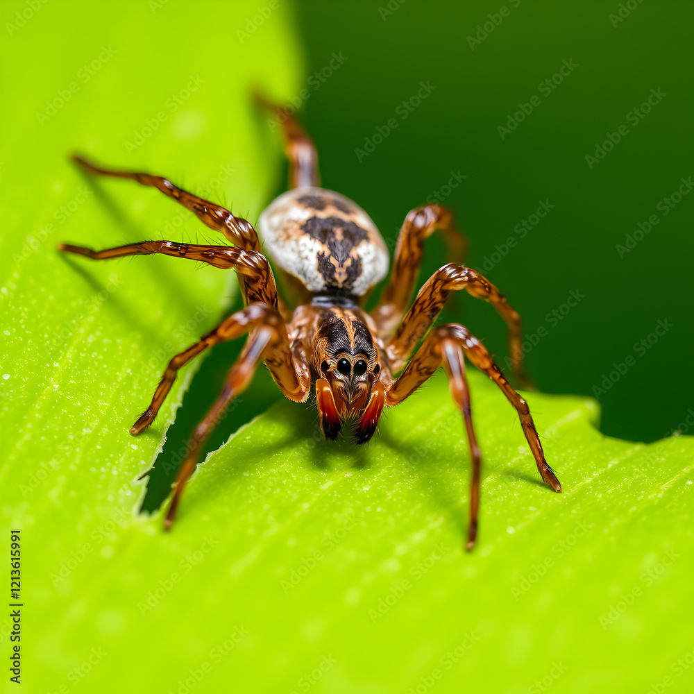 Brown spider sitting on a green leaf on greenish background Brown spider sitting on a green leaf on greenish background