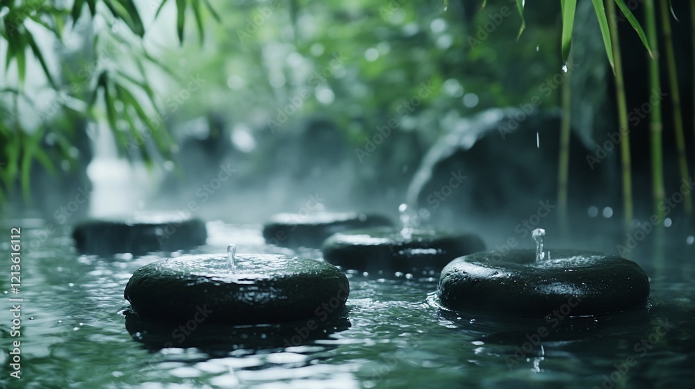 Tranquil Zen garden stepping stones, misty water, bamboo background, spa relaxation Tranquil Zen garden stepping stones, misty water, bamboo background, spa relaxation