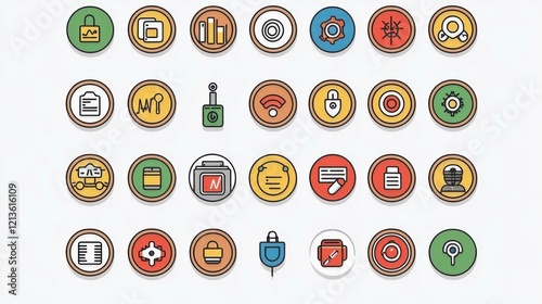 Set of monoline icons for artificial intelligence and machine learning, featuring symbols of machine vision, algorithms, data analysis, neural networks, and automated systems. photo