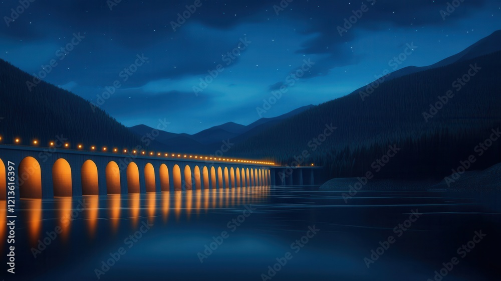 Fototapeta premium clean energy hydropower concept. A serene night scene featuring a lit bridge reflecting on calm waters and surrounded by mountains.