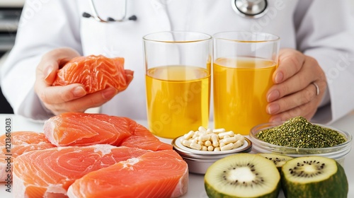 Doctor presents healthy omega-3s, kitchen background photo