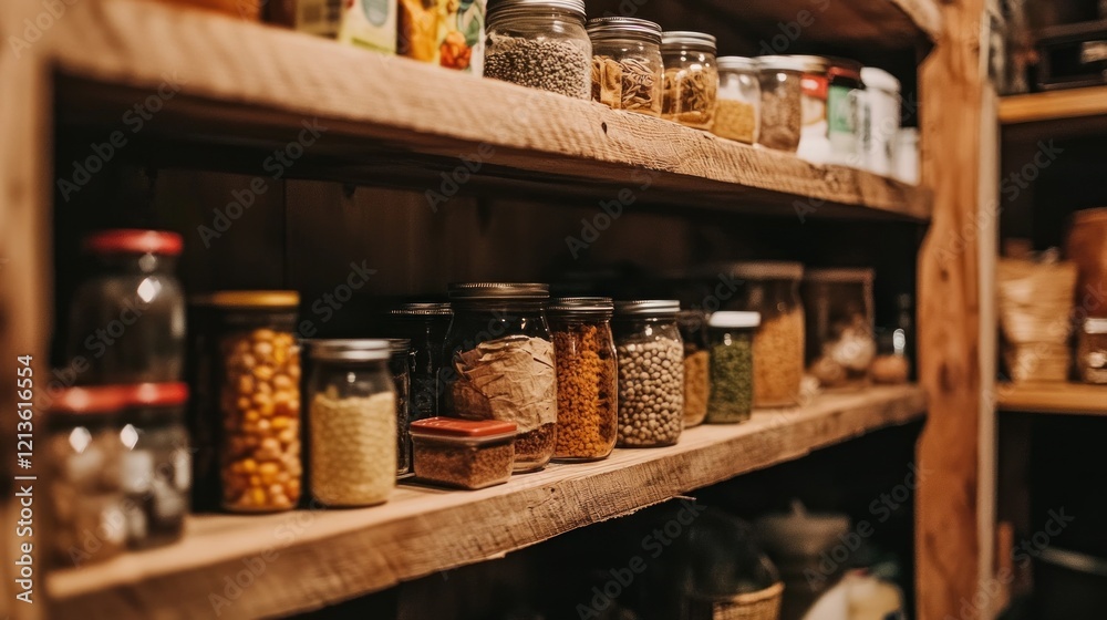 A rustic wooden pantry shelf stocked with various dried foods in glass jars.