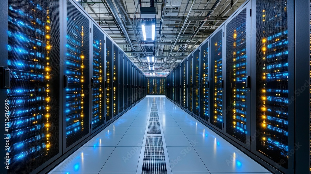 Obraz premium A futuristic server room background showing neatly arranged server racks with active lights and cooling units, emphasizing the efficiency and security of modern data centers.