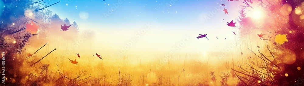 Fototapeta premium Serene Autumn Landscape with Colorful Leaves and Gentle Mist at Sunrise, Capturing the Beauty of Nature's Transition in a Magical Atmosphere
