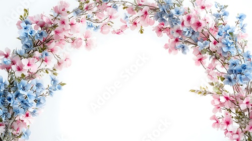 Floral arch adorned with pink and blue blossoms set against a white background