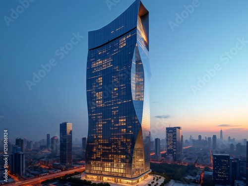 Wallpaper Mural A tall, modern skyscraper with a curved facade at dusk with lights and windows Torontodigital.ca