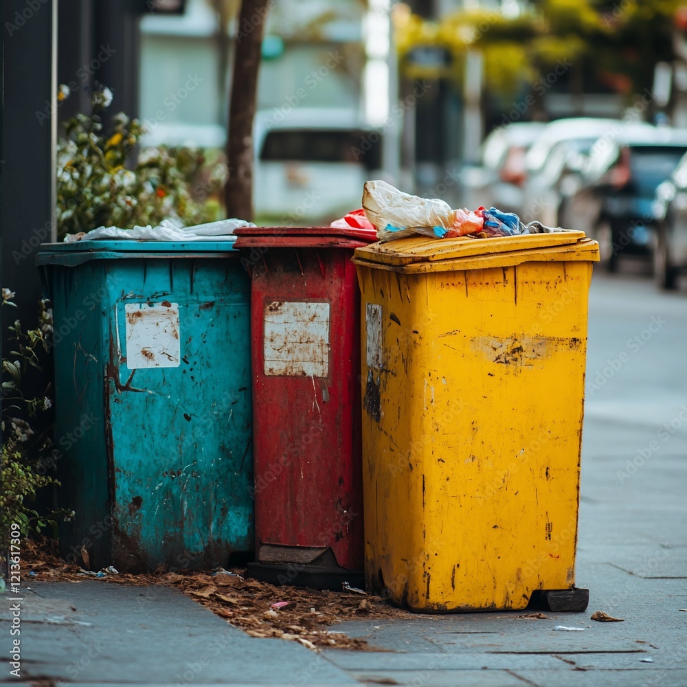 City street overflowing recycle bins, waste disposal City street overflowing recycle bins, waste disposal