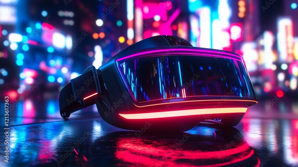 Futuristic VR headset on neon city street Futuristic VR headset on neon city street