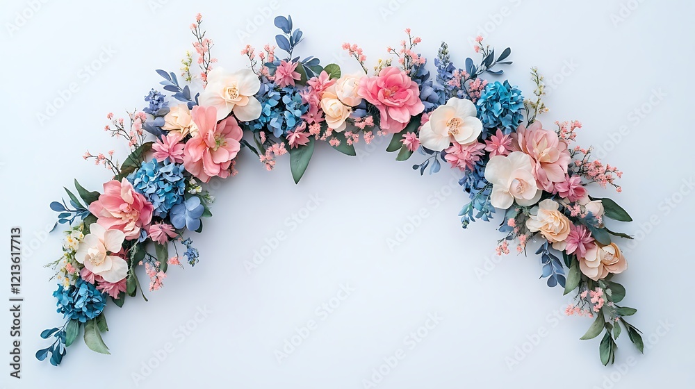 Graceful floral arch with vibrant pink and blue flowers on white minimal backdrop Graceful floral arch with vibrant pink and blue flowers on white minimal backdrop