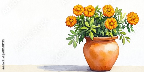 Wallpaper Mural Serene Watercolor Painting of Vibrant Orange Marigolds in a Terracotta Pot, Evoking a Sense of Calm and Natural Beauty Torontodigital.ca