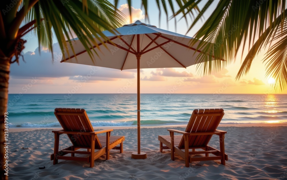 A tranquil beach scene at sunrise with two wooden lounge chairs positioned under a white umbrella. A tranquil beach scene at sunrise with two wooden lounge chairs positioned under a white umbrella.