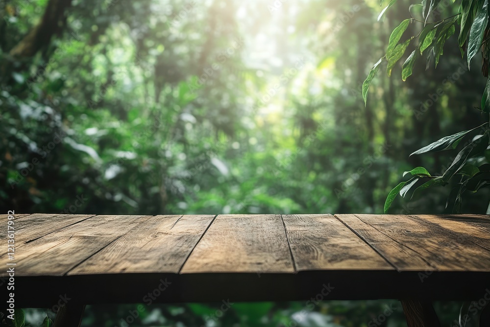 Wooden table, jungle backdrop, sunlight, product display