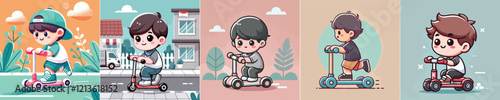 vector image of a small child playing on a scooter
