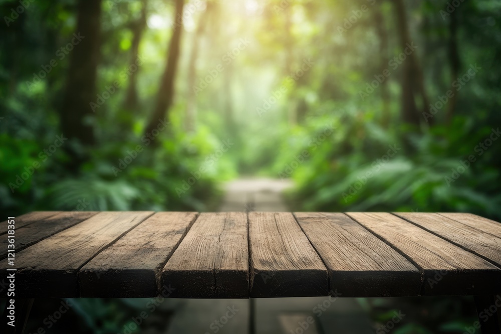 Wooden table rainforest background product display Wooden table rainforest background product display