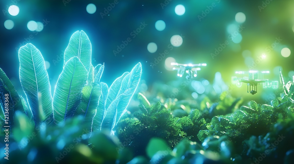 Fototapeta premium drone flying over glowing plants at night - futuristic technology