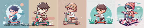 vector image of a small child playing on a scooter