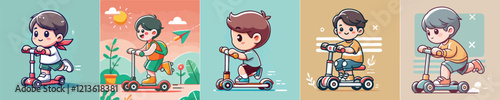 vector image of a small child playing on a scooter