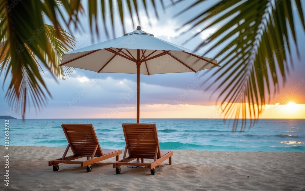custom made wallpaper toronto digitalA tranquil beach scene at sunrise with two wooden lounge chairs positioned under a white umbrella.