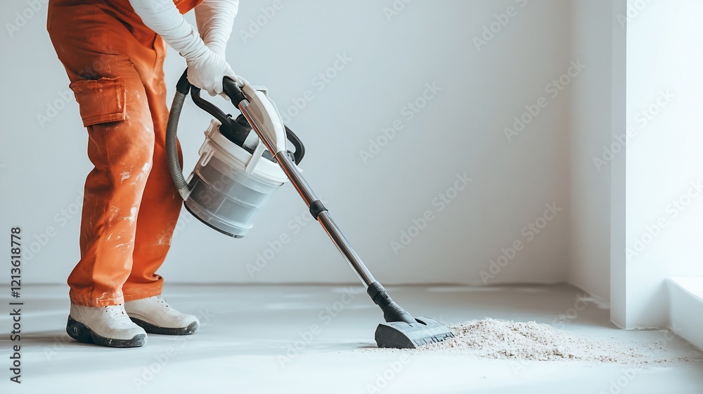 Obraz premium Worker cleans construction site dust